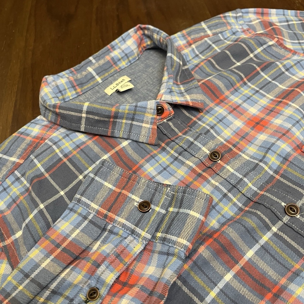 L.L. Bean Top Women's 2X Blue Orange Plaid Flannel Button Up Pocket 515192
